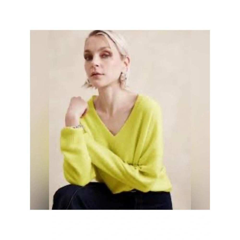 Banana Republic Womens M Neon Yellow 100% CASHMERE V-Neck Oversized Sweater